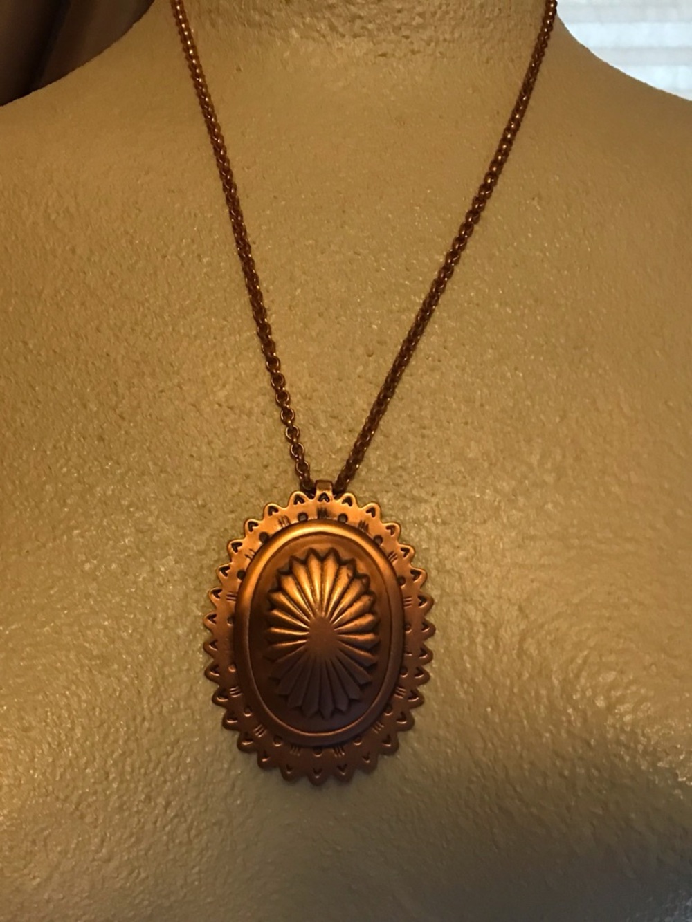 Vintage Big Copper Oval Medallion Pendant Necklace
